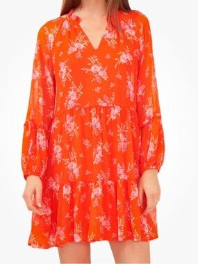 Vince Camuto V neck, Long Sleeve Ruffle Tiered Floral Dress Size Small, Orange